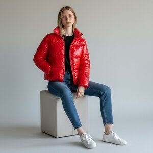 Puffer Coat Woman's XL A New Day Shinny Red Pockets EUC